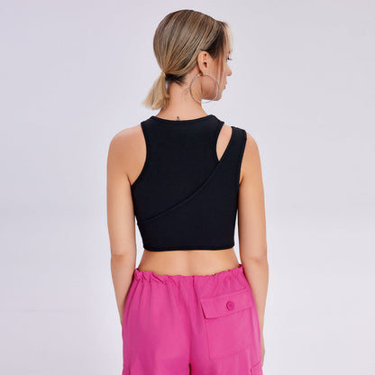 Close-up of breathable fabric of women's workout tank top, featuring moisture-wicking technology for ultimate comfort